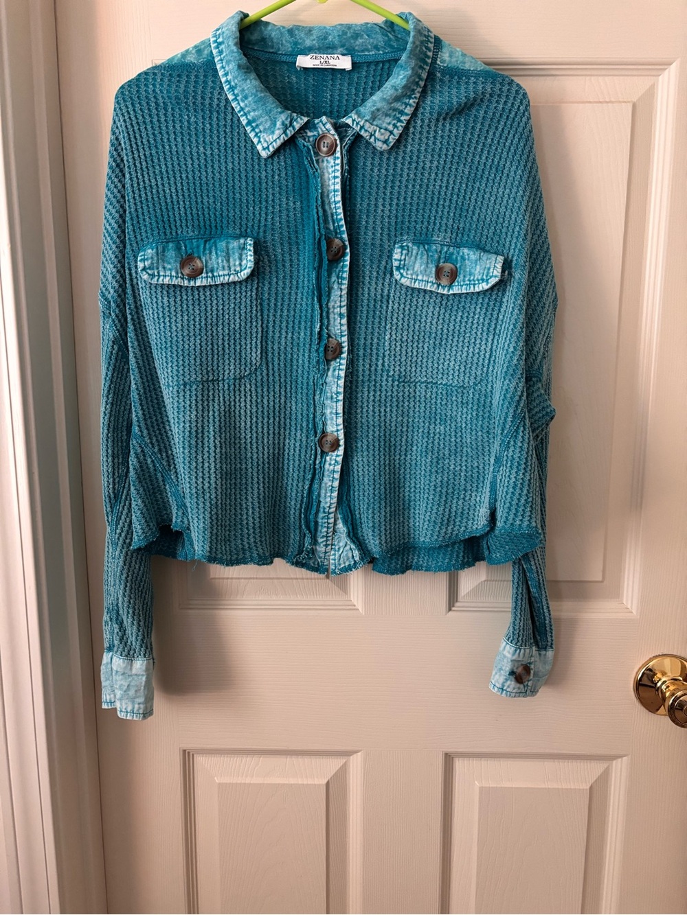Zenana Teal Waffle Knit Cropped Button-Up